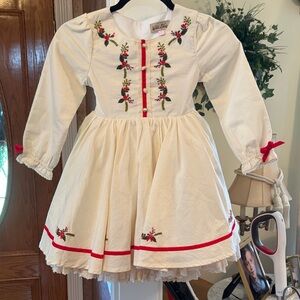 White Embroidered Girls' Long-Sleeve Dress with Red Trim